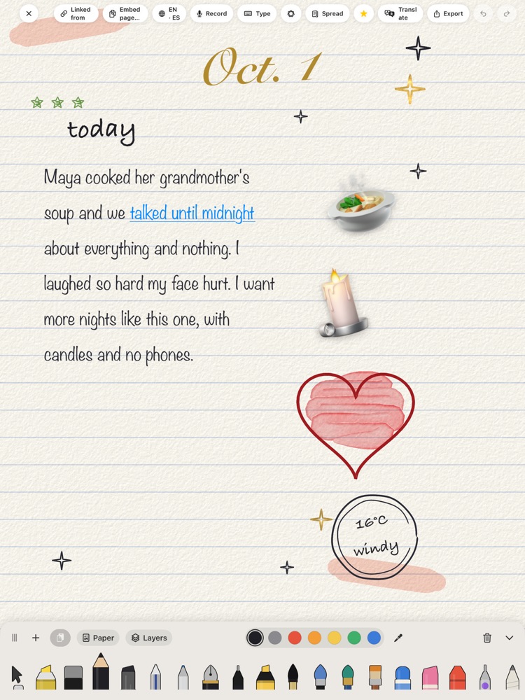 Eureka's textured journal page with handwritten text, a painted heart and drawing tools