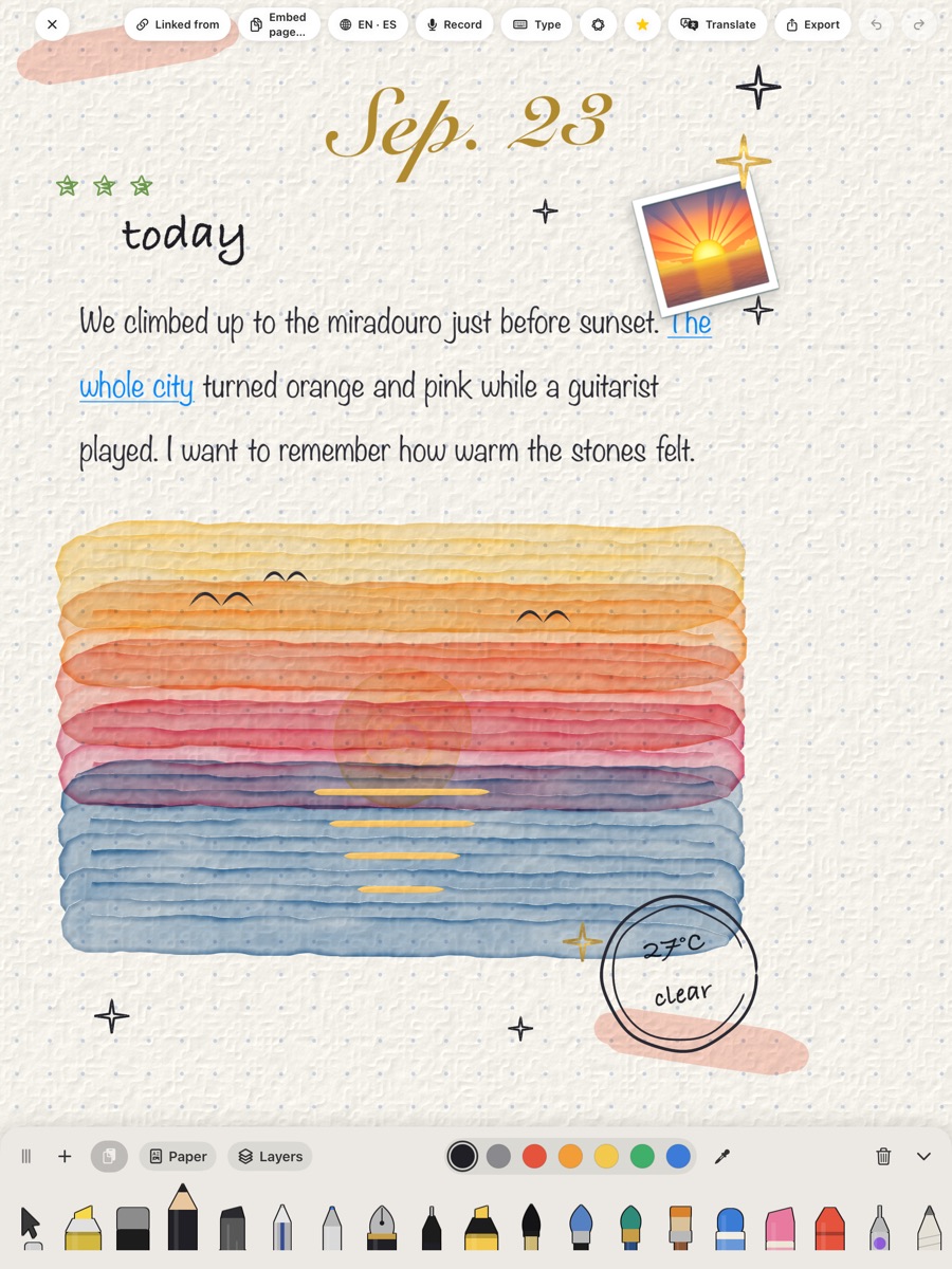 A real Eureka journal page with handwritten memories and a painted sunset